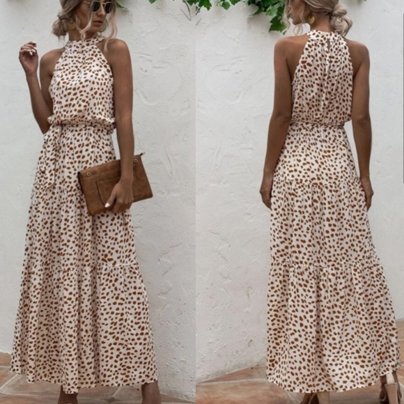 Boho polka dot belted layer ruffle halter dress - Picture 2 of 8